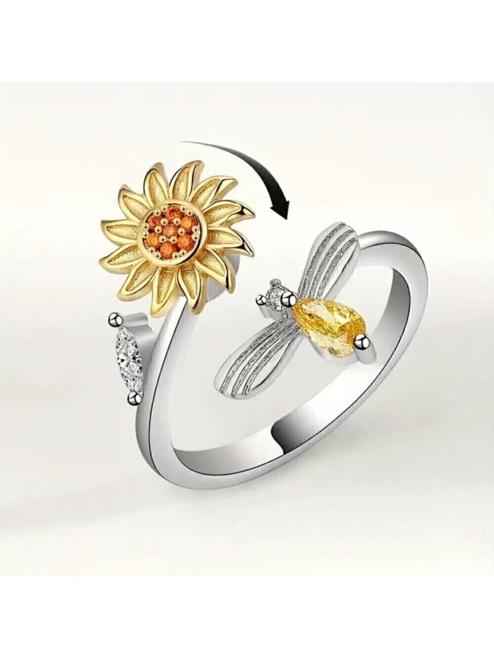 Boho Bee and Flower Fidget Spinner Ring Adjustable Size #1361